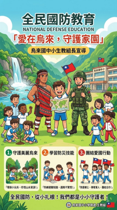 全民國防教育 NATIONAL DEFENSE EDUCATION 「愛在烏來，守護家園」 烏來國中小生教組長宣導 烏來國中小 下方三大宣導重點區： 1. 守護美麗烏來 「環保小尖兵，珍惜山水資源！」 2. 學習防災技能 「熟練避難知識，遇險不驚慌！」 3. 團結愛國行動 「熱愛鄉土、尊敬軍人、團結合作！」 全民國防，從小扎根！我們都是小小守護者！ 烏來國中小學務處 生教組