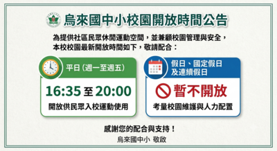 公告本校校園開放時間 *平日每週一至週五 16:35 至 20:00，開放社區民眾入校運動使用 *假日考量校園維護與人力配置，假日、國定假日及連續假日暫不對外開
